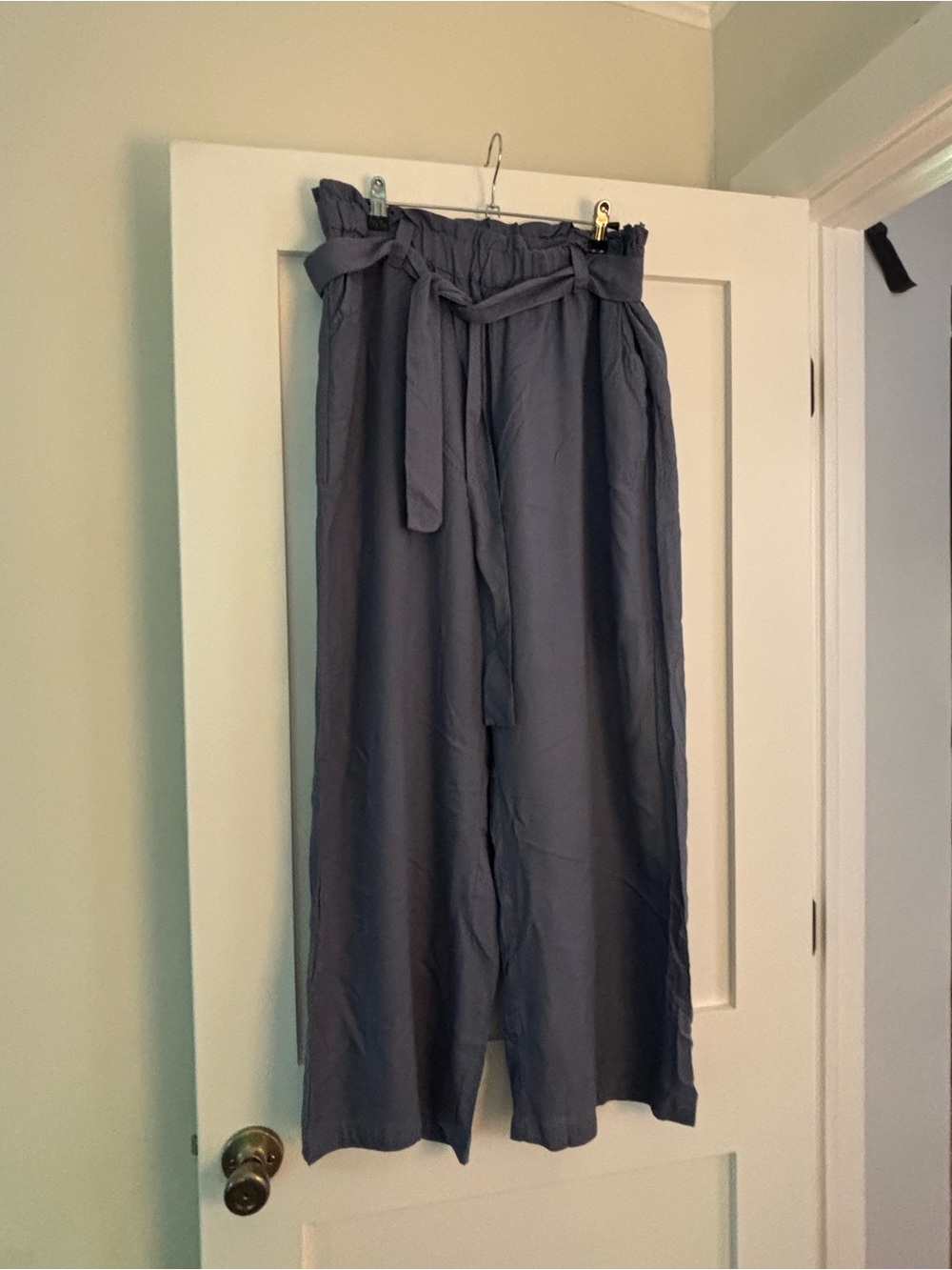 Paperbag Waist Wide-Leg Pants in Slate Blue